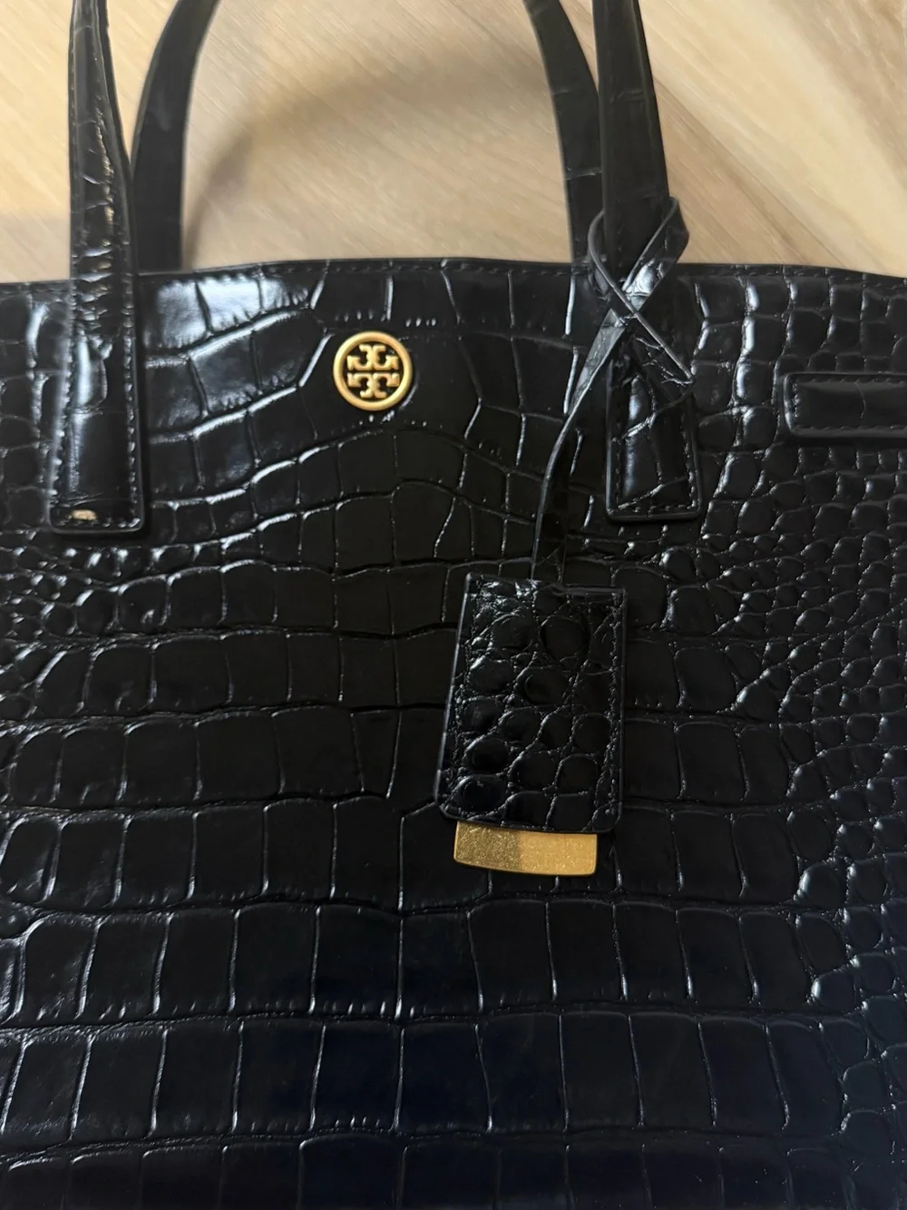 Tory Burch Black Croc-Embossed Satchel with Gold Hardware